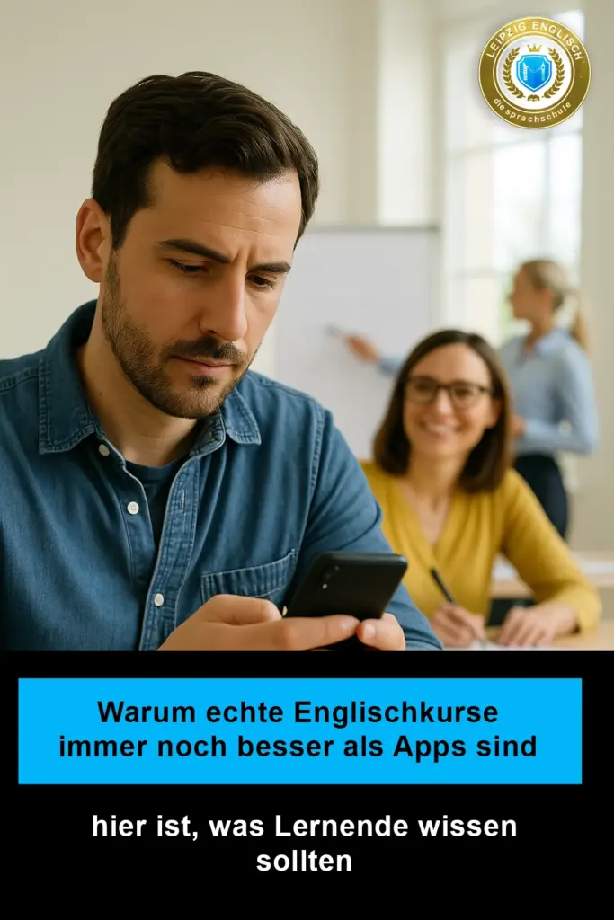 Mann lernt Englisch mit einer App vor einer echten Englischstunde