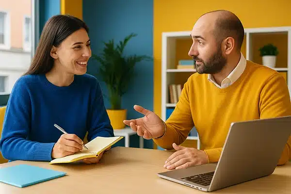 Eine Mitarbeiterin lernt mit ihrem Business Englisch Trainer in Leipzig