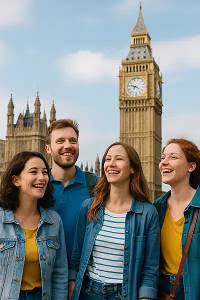 4 Leute lachen und verbessern ihr Englisch auf einer Sprachreise in London