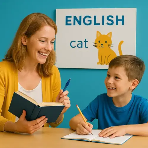 Ein Englischlehrer unterrichtet einen kleinen Jungen in Leipzig in Englisch.