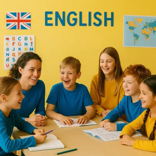 5 Kinder lernen gemeinsam mit ihrem Englischlehrer in einer kleinen Gruppe bei Leipzig Englisch.