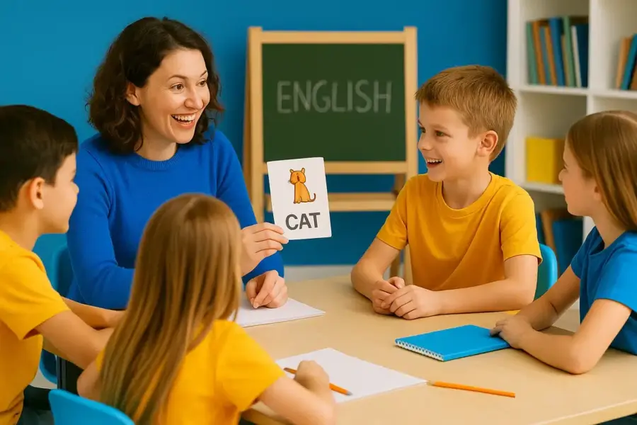 Vier Kinder nehmen an einem Englisch Intensivkurs an der Leipzig Englisch Sprachschule teil.