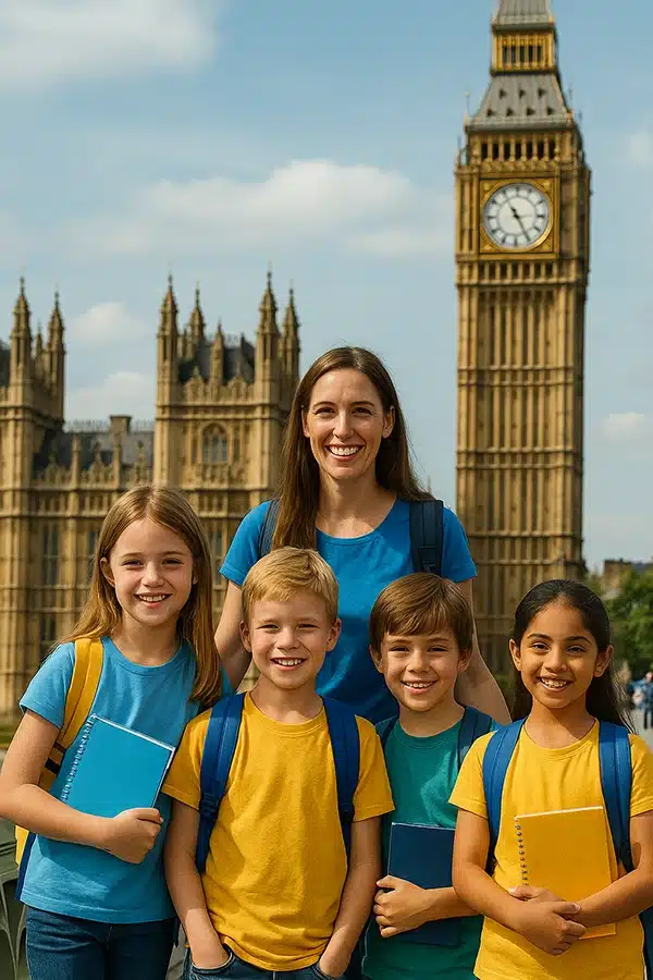 vier Kinder und der Englischlehrer in London mit Big Ben