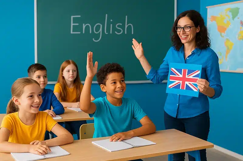 Kinder lernen Englisch in der Schule mit einem Lehrer der Leipzig English Sprachschule.