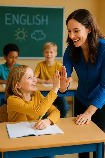 Englischlehrer feiert mit Kind im Klassenzimmer in Leipzig