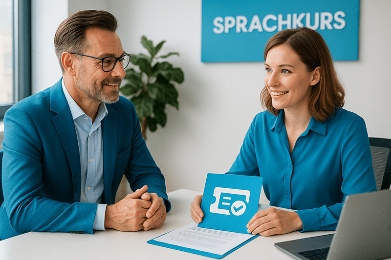 Ein Mitarbeiter von Leipzig Englisch erklärt einem Arbeitssuchenden, was ein Aktivierungsgutschein ist.