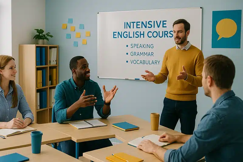 Englisch Intensivkurse Erwachsene Leipzig Eine kleine Gruppe von Erwachsenen, die in einem Intensivkurs bei Leipzig Englisch schnell Englisch erlernen.