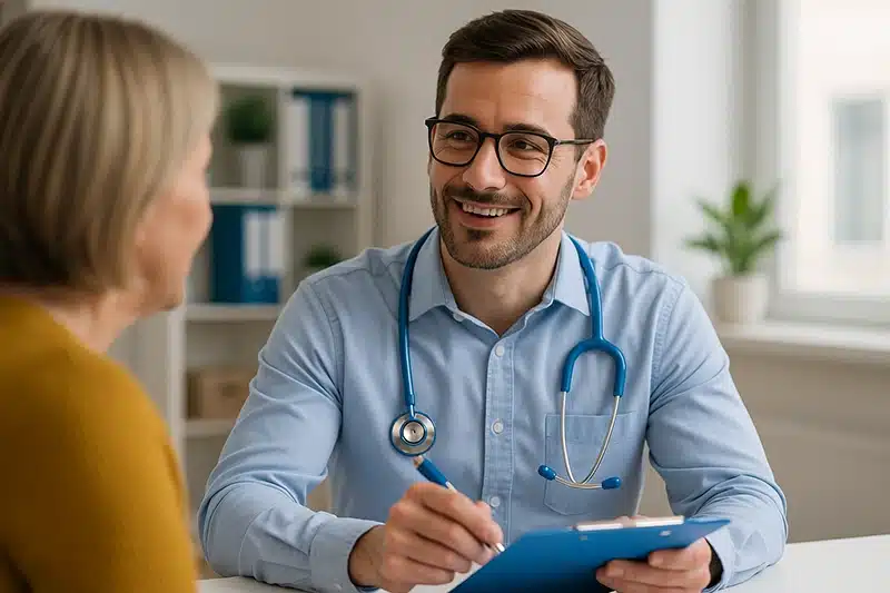Ein Arzt, der in seiner Praxis in Leipzig mit seinem ausländischen Patienten auf Englisch redet.