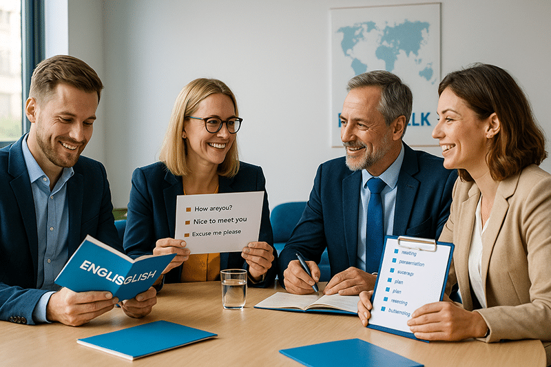 Business Englisch für Unternehmen 3 Geschäftsleute, die bei der Arbeit Englisch lernen