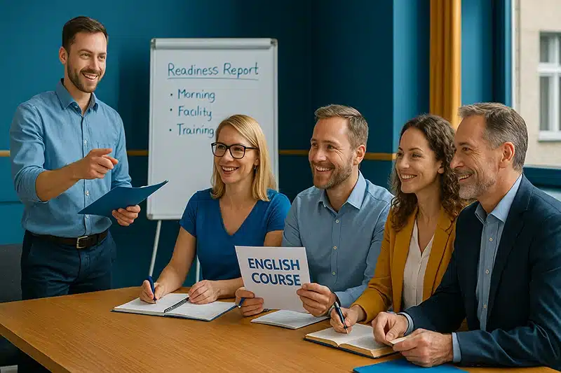 Englisch Kurse für Unternehmen 4 Geschäftsleute, die bei der Arbeit in einem Intensivkurs Englisch lernen