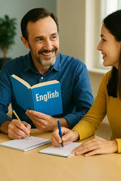 Ein älterer Herr lernt Englisch mit einer Englischlehrerin bei Leipzig Englisch.