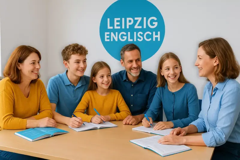 Eine Familie, Eltern und Kinder, lernen gemeinsam Englisch in der Leipzig Englisch Sprachschule.