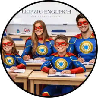 Englischkurs für Familien Leipzig Eine Familie und ihr Englischlehrer an der Leipzig English Sprachschule haben Spaß daran, gemeinsam Englisch zu lernen.