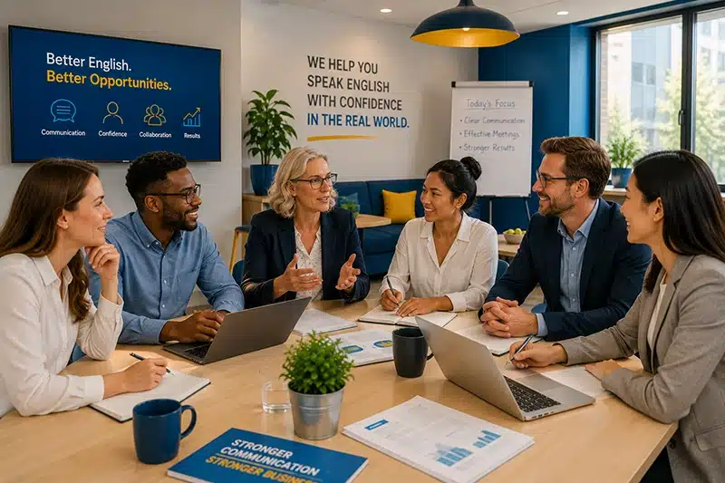 Business Englischkurse für Unternehmen Die Mitarbeiter sprechen bei der Arbeit in Besprechungen Englisch
