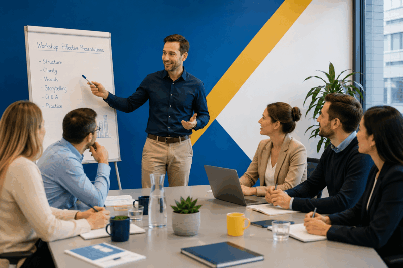 Business English workshops Leipzig Ein Team von Mitarbeitern lernt in einem Business-Englisch-Workshop in Leipzig, wie man effektiv präsentiert