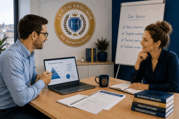 Englisch Coaching für Unternehmen Leipzig Ein Mitarbeiter des Unternehmens bei einem Englisch-Coaching mit seinem Business-Englisch-Trainer