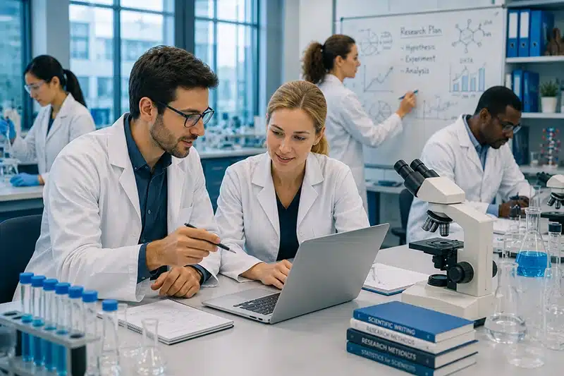 Englisch für Forschung & Wissenschaft Forscher, die in ihrem Labor Englisch lernen