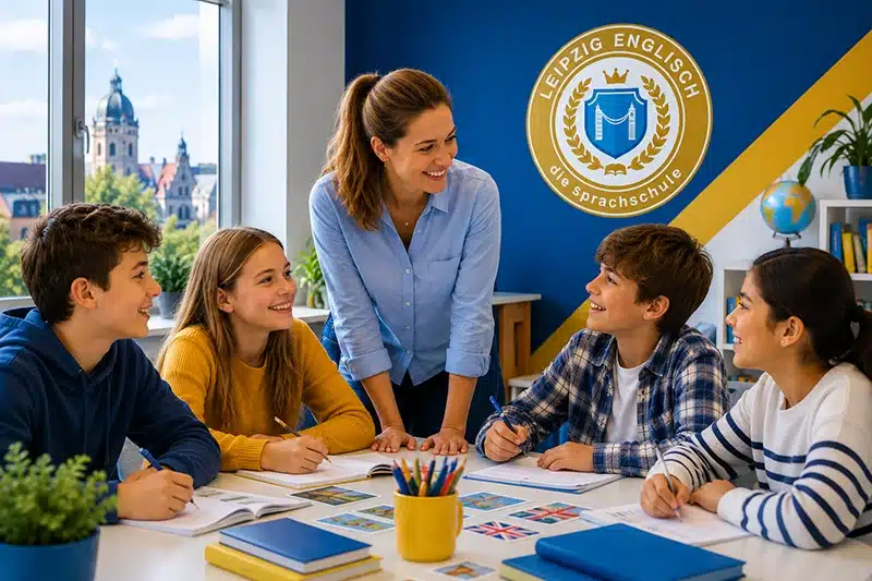 Englisch für Kinder und teens Vier Kinder, die an der Leipziger Englisch-Sprachschule Englisch lernen