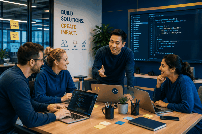 Englisch für IT und Softwareentwicklung Eine Gruppe von IT-Mitarbeitern, die Englisch lernen