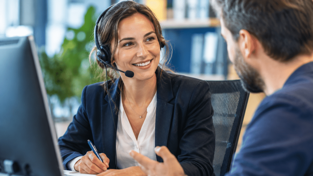 Englisch für Kundendienst und service Ein Mitarbeiter eines Unternehmens, der mit einem Kollegen Englisch spricht