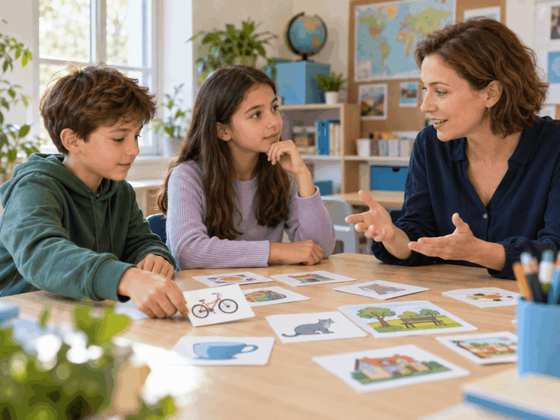 kinder-englisch-lernen-hoeren-bildkarten Zwei Kinder hören ihrer Englischtrainerin zu und wählen passende Bildkarten für eine gemeinsame Aufgabe aus.